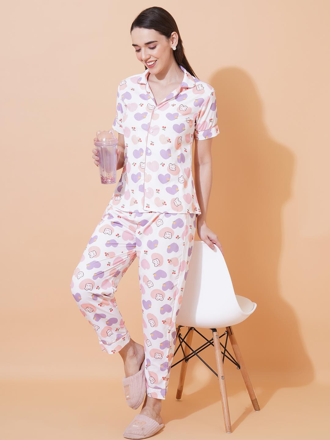 ARV TRENDS Women Pink & Purple Heart Print Knitted Night Suit