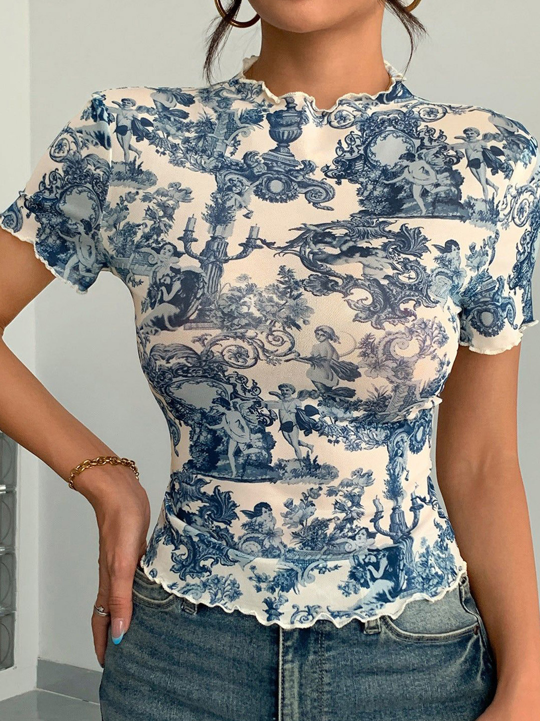 Outzidr Women Floral Short Sleeve Printed Semi Sheer Top