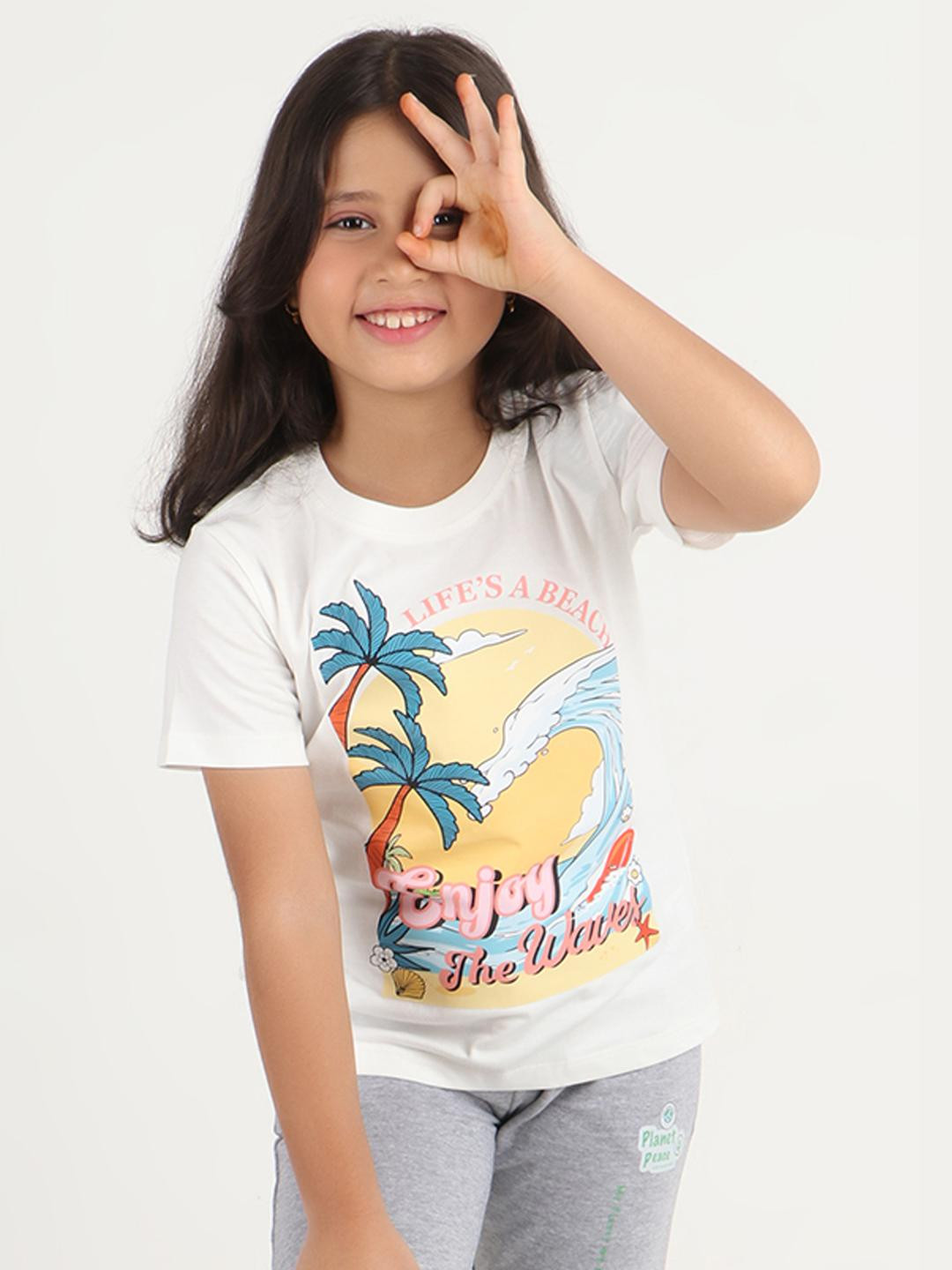 REBORN Girls Off White Printed T-shirt