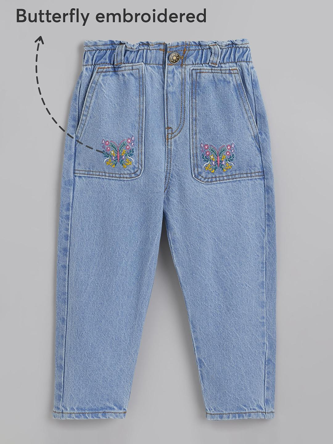 Hopscotch Girls Regular Fit Mid-Rise Cotton Embroidered Denim Stretchable Jeans