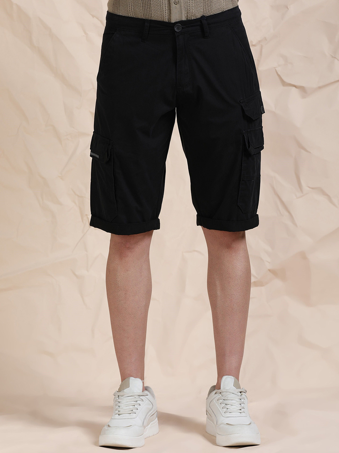 beevee Men Slim Fit Mid Rise Cotton Cargo Shorts with Flap Pockets & Turned-Up Hem
