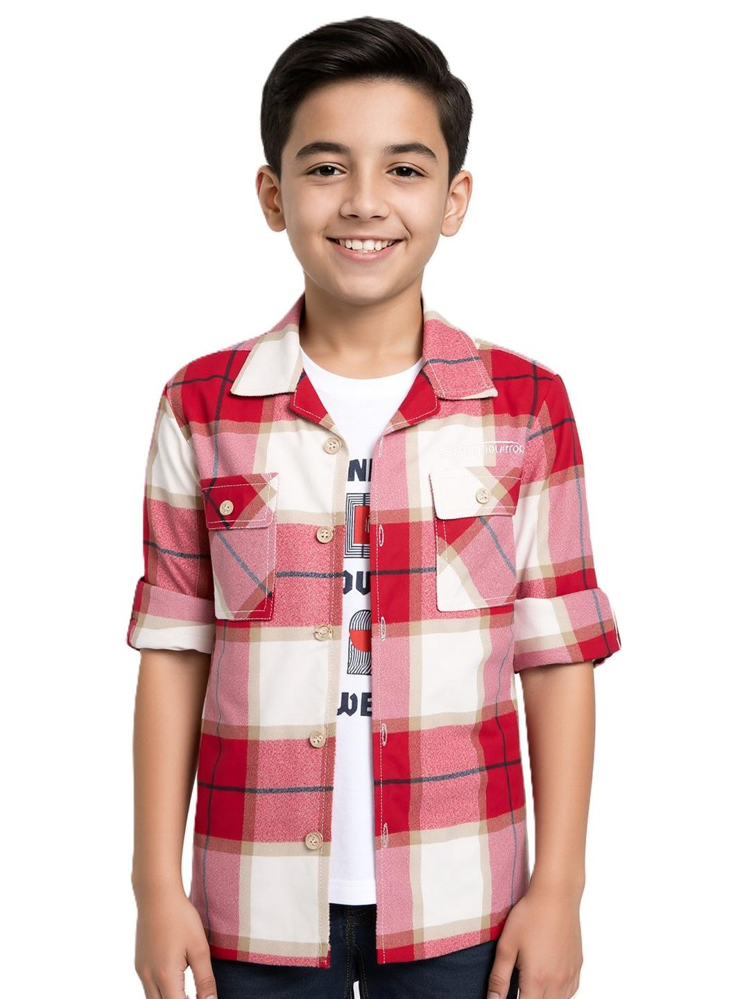 CAVIO Boys Red Cotton Checked Comfort Casual Shirts