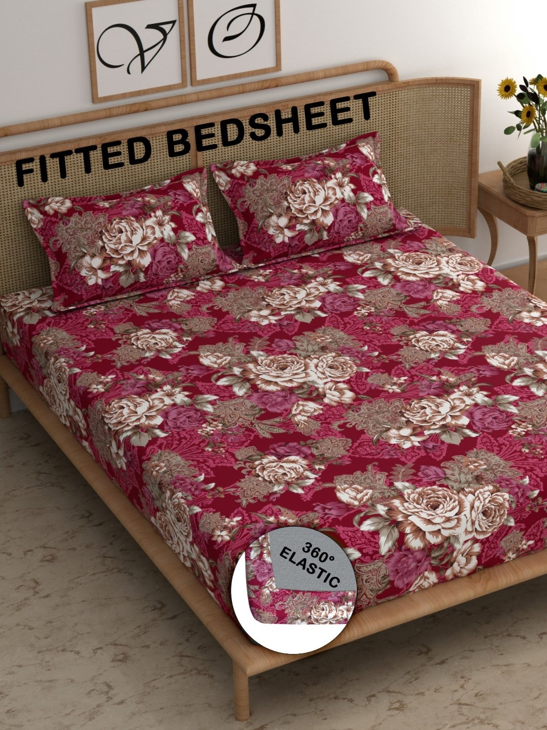 CHHAVI INDIA Red & Brown Floral 210 TC Queen Bedsheet Set-1.98 m X 1.83 cm