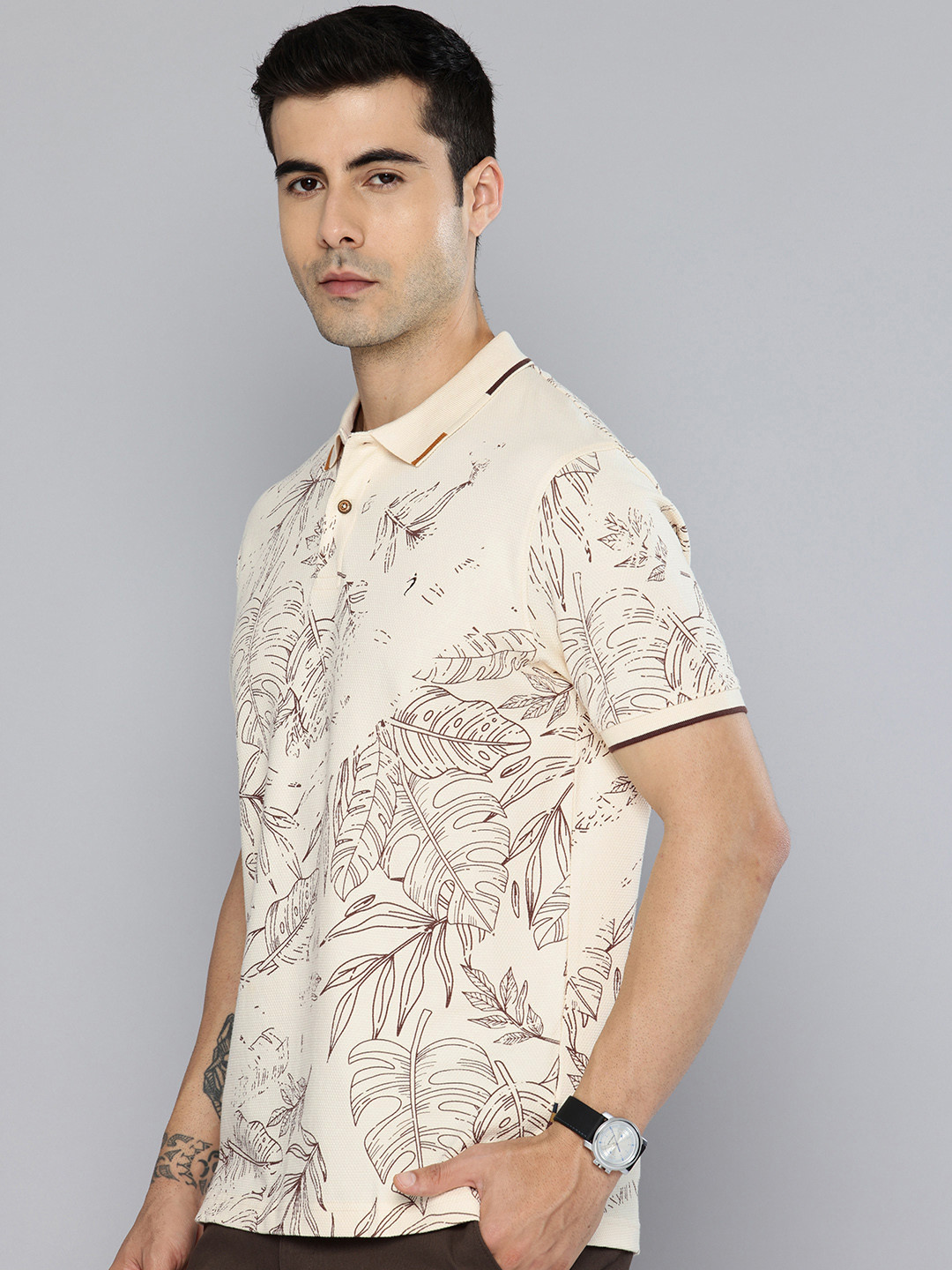 Indian Terrain Tropical Printed Popcorn Knitted Polo Collar T-shirt