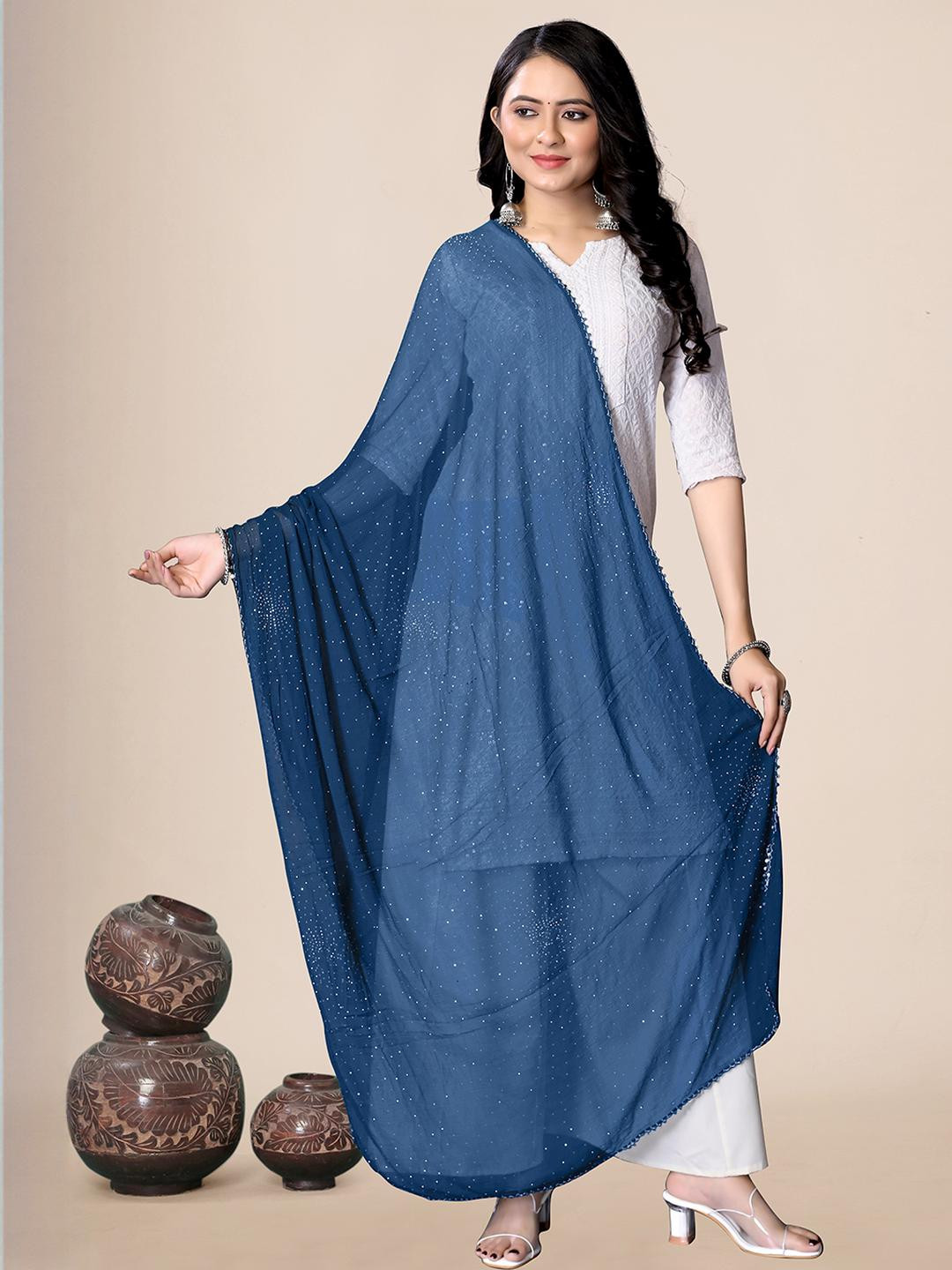 EBADAT Women Turquoise Blue Polyester Solid Scarves