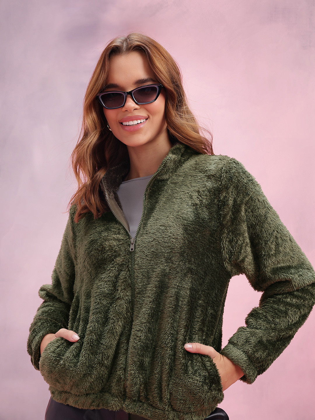 DressBerry Faux Fur Detail Mock Collar Bomber Jacket