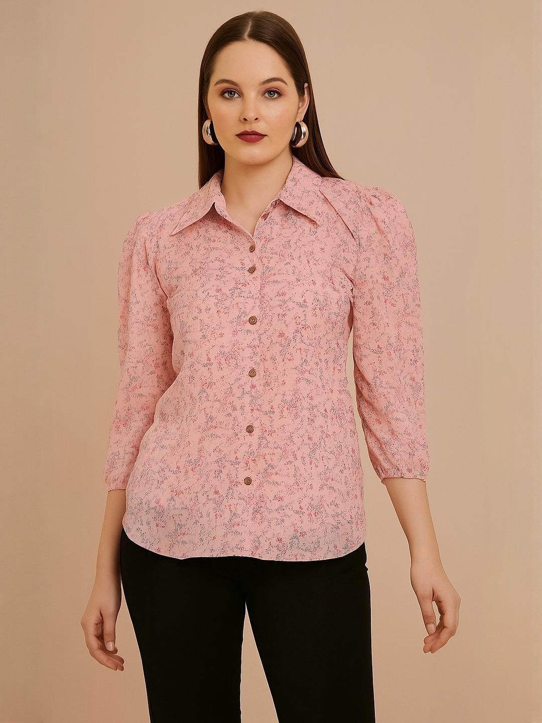 MJ LIFE STYLE Women Pink Georgette Printed Standard Casual Shirts
