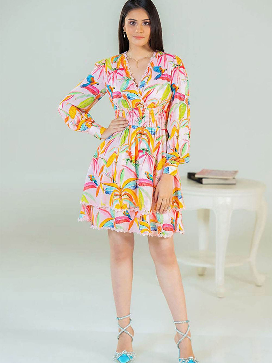 PRETTY PIXIE Women Floral Printed V-Neck Smocked Fit & Flare Above Knee Dress