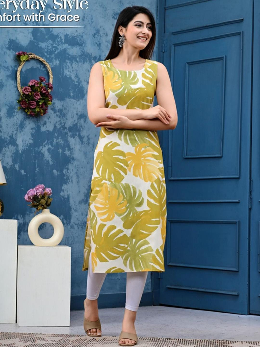 Gamyam  Women Rayon Printed Sleeveless, Summer-Ready Kurti