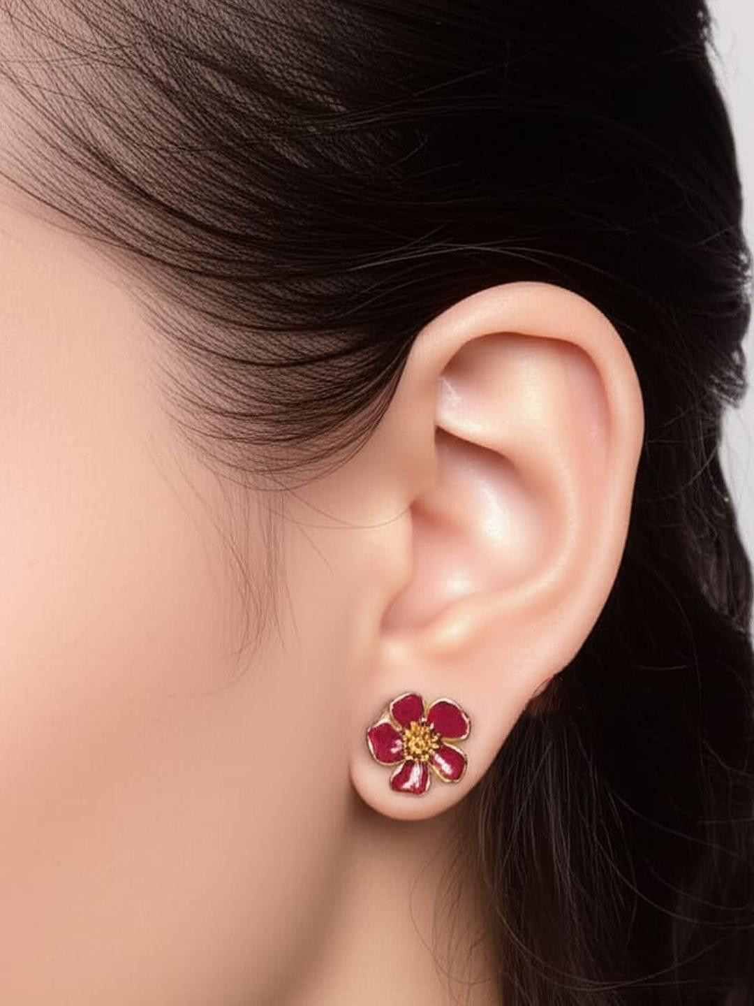 Namaste Jewels Women Red & Gold-Plated Floral Stud Earrings