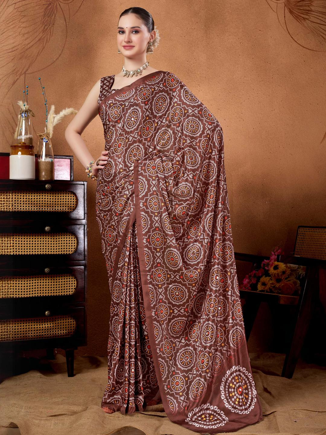 RACHNA Brown Satin Printed Sarees