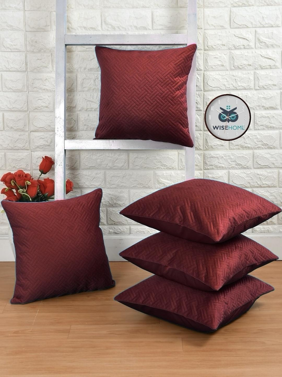 BIGGER FISH Maroon Set of 5 Velvet Rectangle Chevron Patterned Cushion Covers