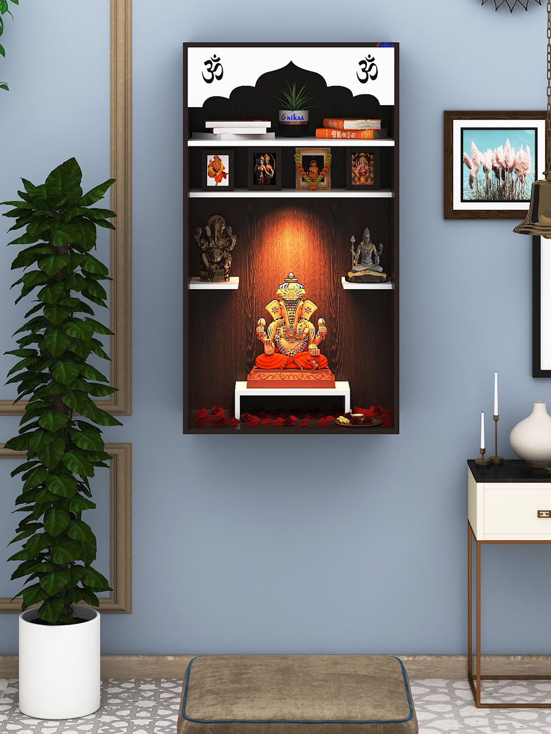 ANIKAA White & Brown Niva Pooja Mandir Laser Cut Om Design Home Temple