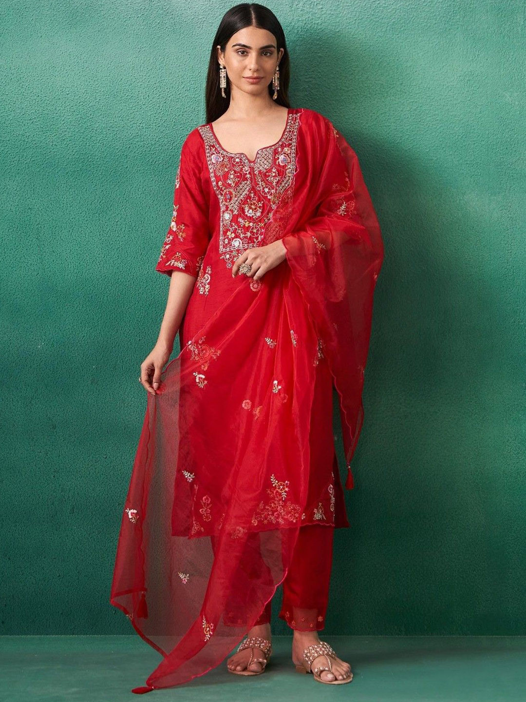 AUTUMN LANE Ira Vermillion Floral Embroidered Thread Work Kurta With Trousers & Dupatta