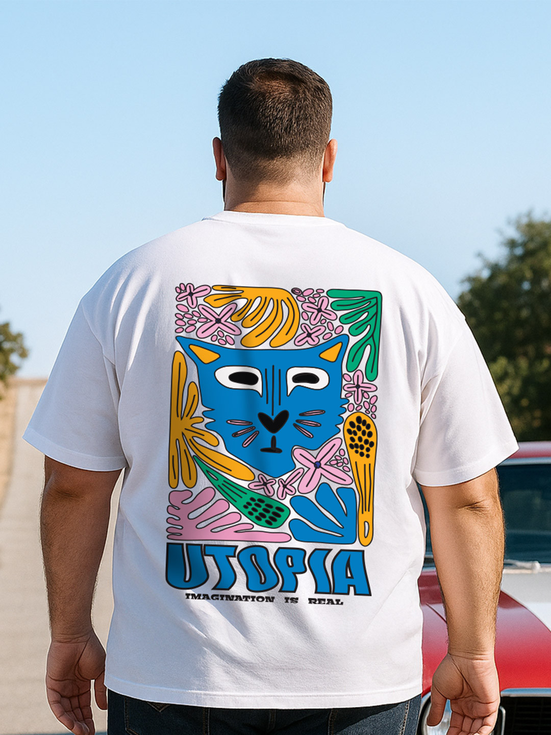 VEIRDO Men White Printed Round Neck Relaxed Fit Pure Cotton Oversized Plus Size T-Shirt