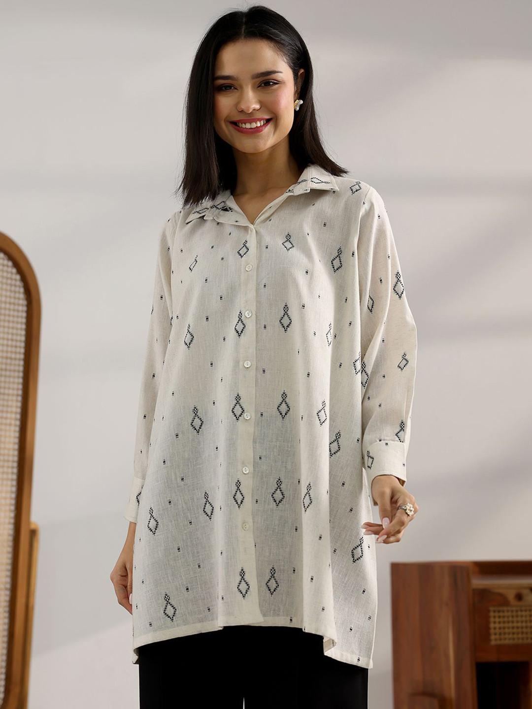 Libas Women Printed Shirt Collar Long Sleeve Cotton Tunic
