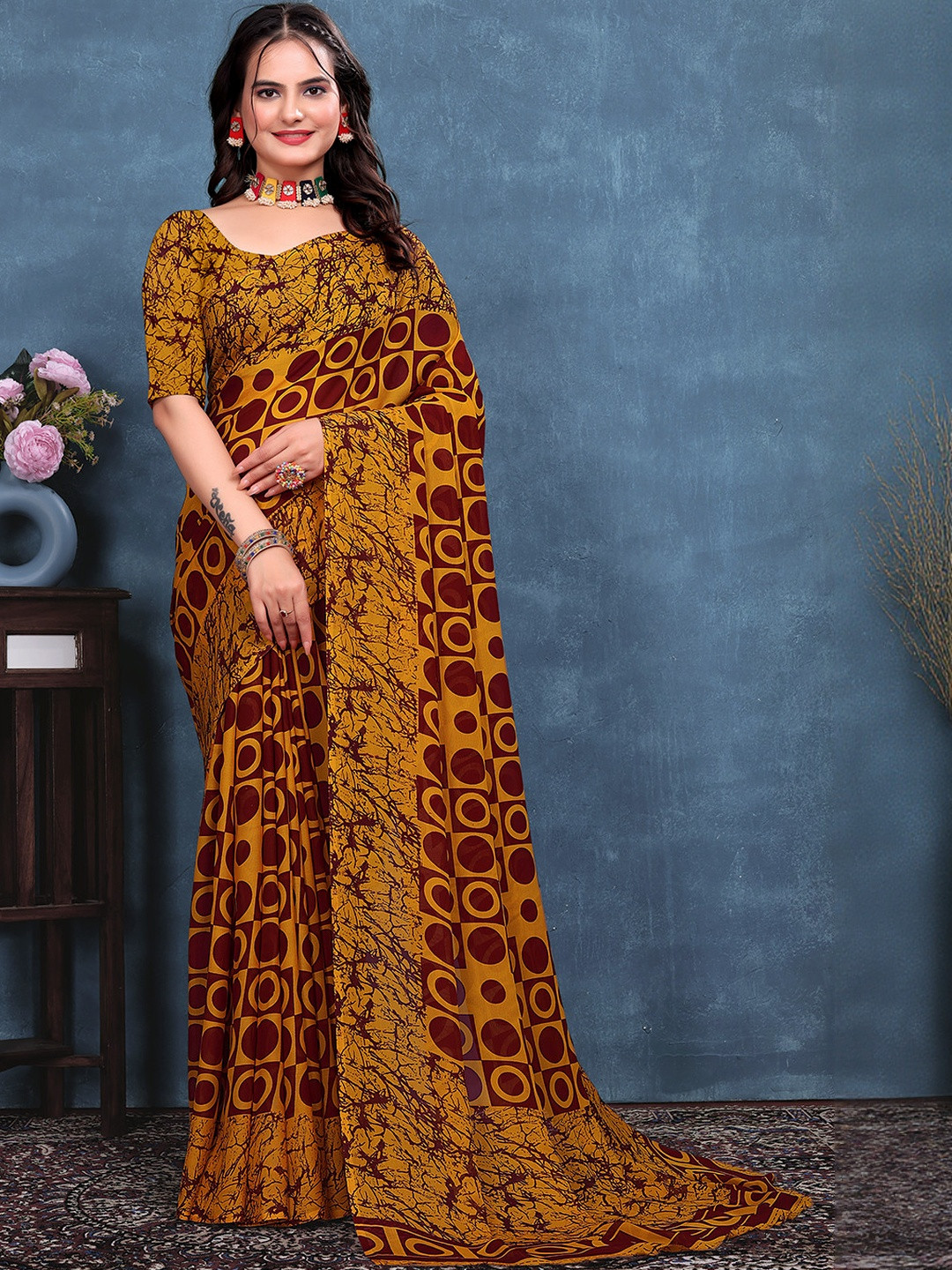 KANOODA Mustard Pure Georgette  Sarees
