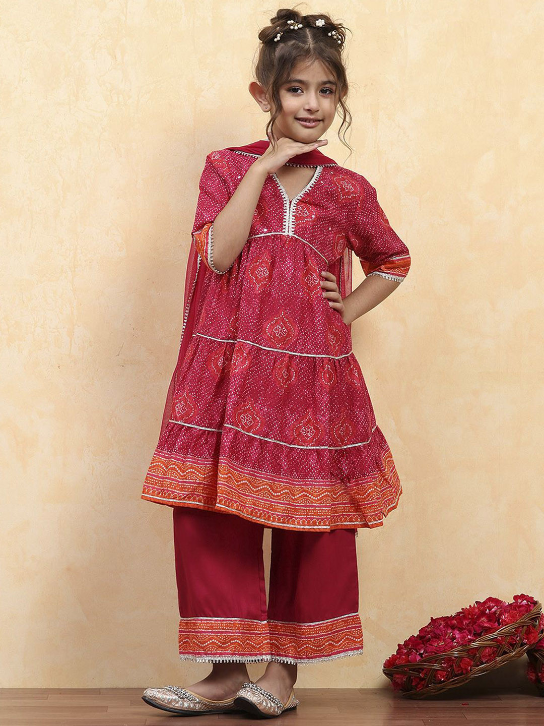 Biba Girls Bandhani Printed Regular Pure Cotton Kurta with Palazzos & Dupatta