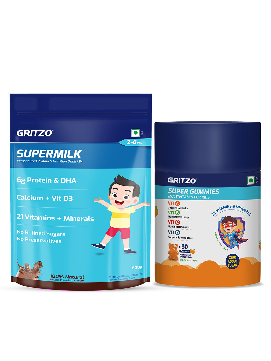 Gritzo Set Of 2 Supermilk - 800 g - Double Chocolate & Super Gummies - 30 Nos - Orange