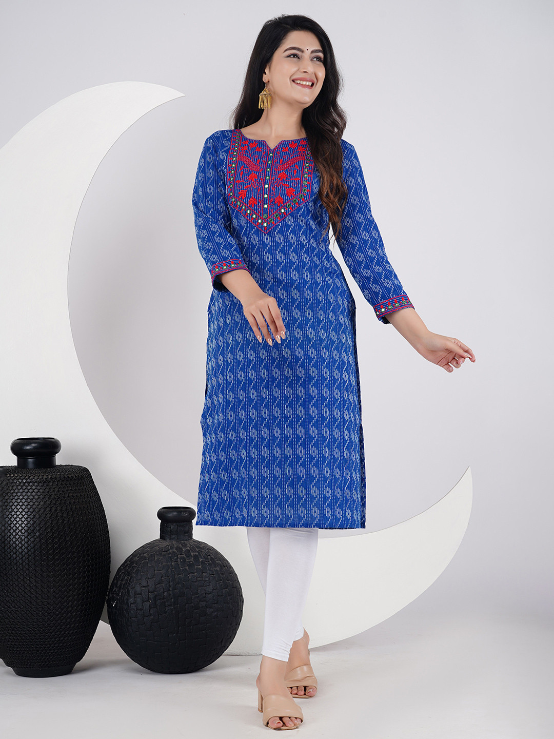 ZELA Geometric Printed Mirror Work Notch Neck Straight Kurta