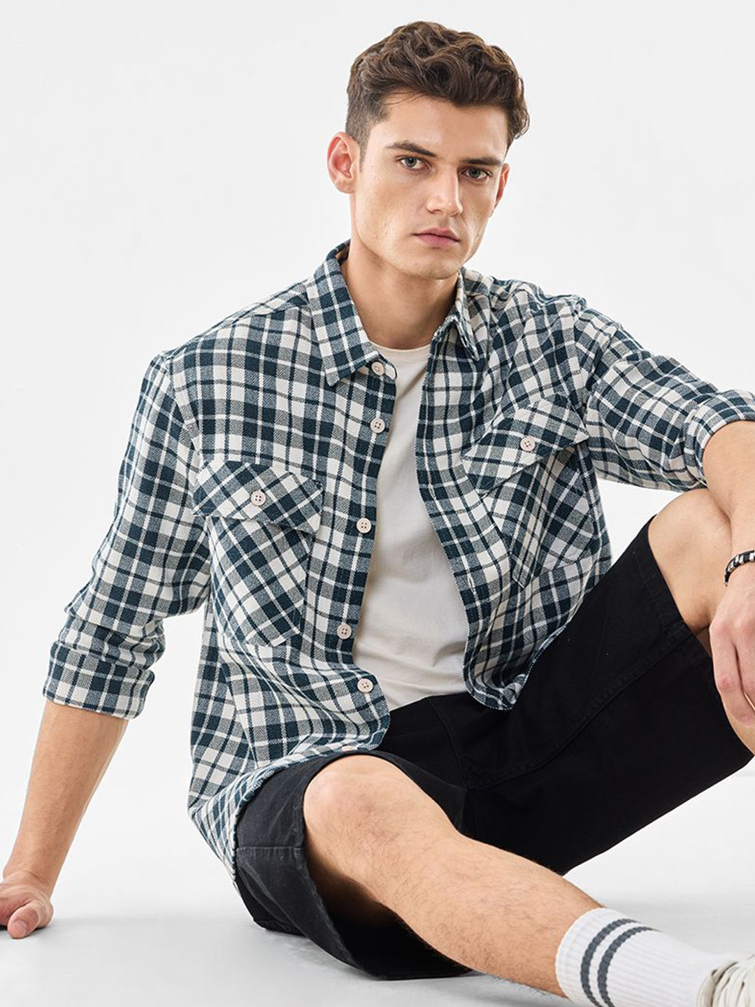 Snitch Men Tartan Checks Checked Spread Collar Casual Oversized Shirt