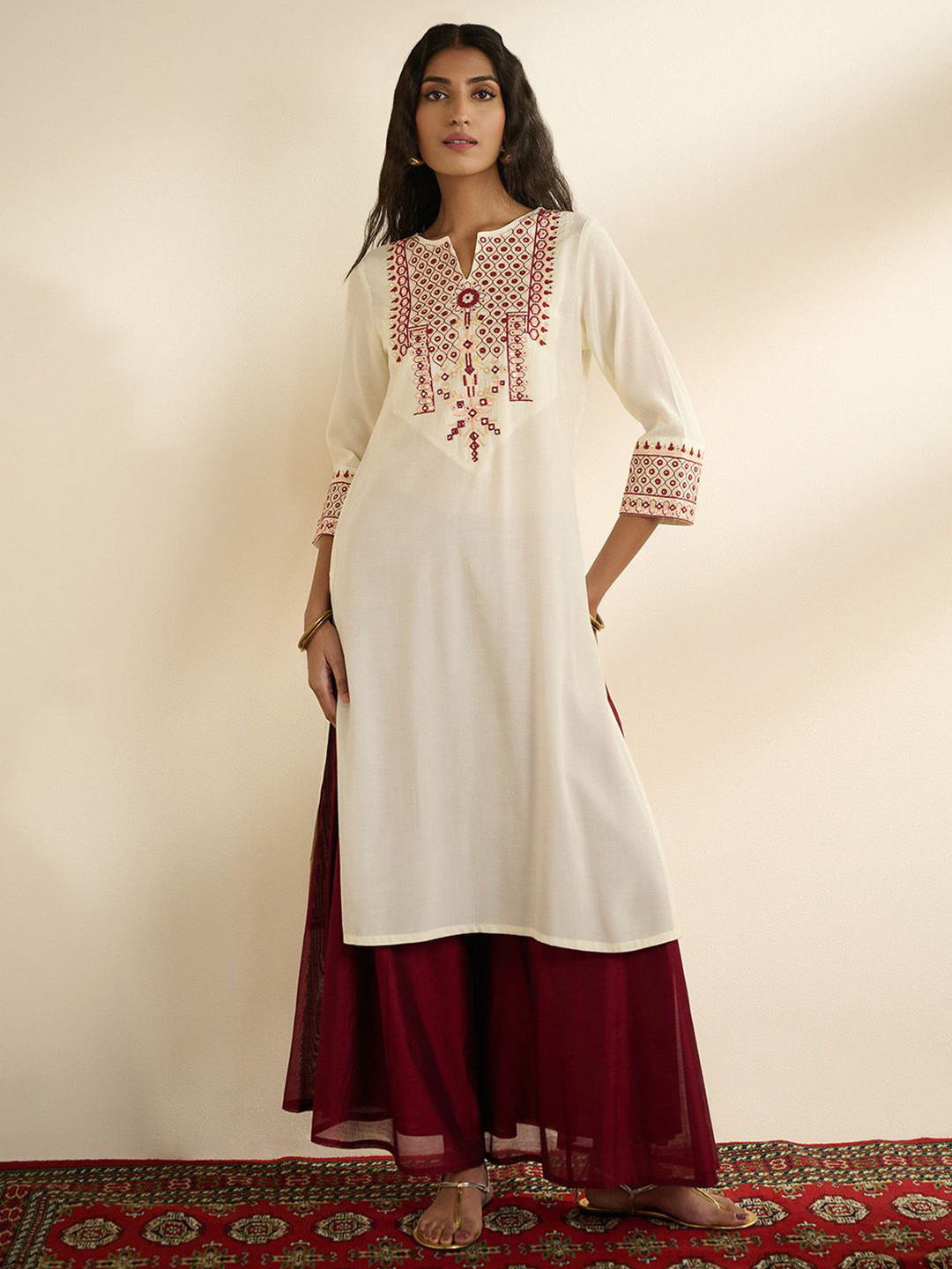 Global Desi Yoke Design Flared Sleeves Thread Work Kurta