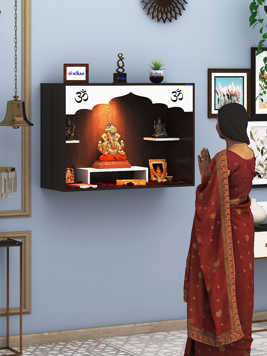 ANIKAA White & Maroon Raya Pooja Mandir Laser Cut Om Design Home Temple