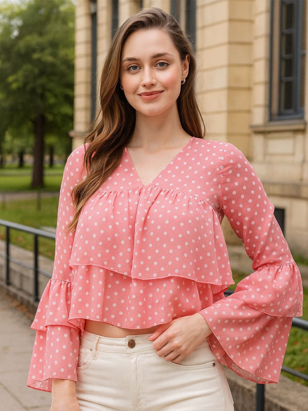 4WRD by Dressberry Polka Dot Printed Flared Sleeve Georgette Top