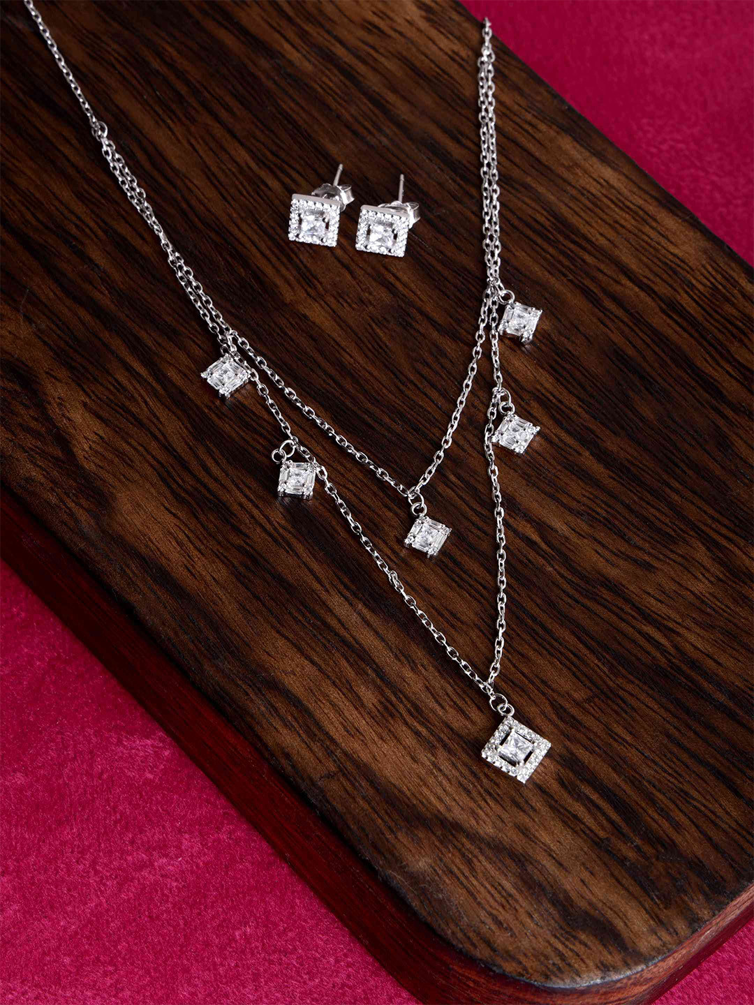 DIAVO 925 Sterling Silver Rhodium-Plated Zircon-Studded Square Charm Jewellery Set