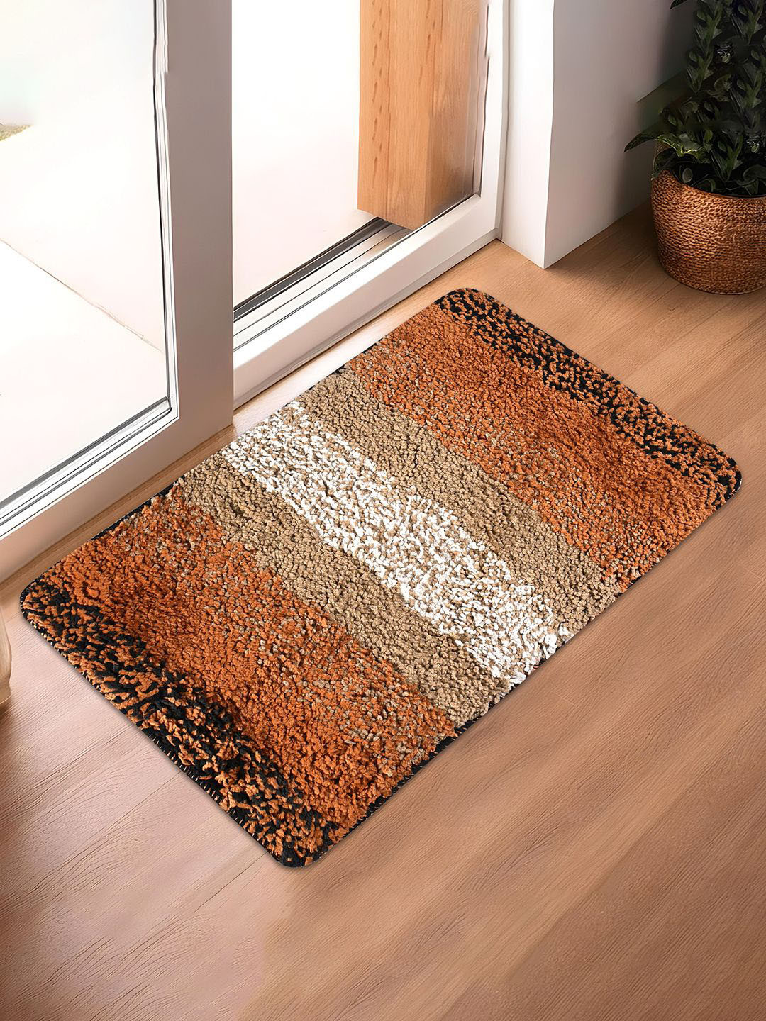 Kuber Industries Cream & Brown Patta Rainbow Design Anti-Skid & Water Absorbent Doormat