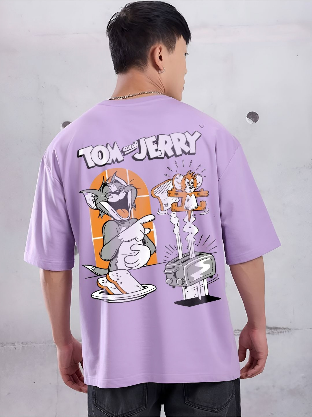 ANGERHOOD Graphic Tom And Jerry Printed Drop-Shoulder Sleeves Oversized Cotton T-shirt