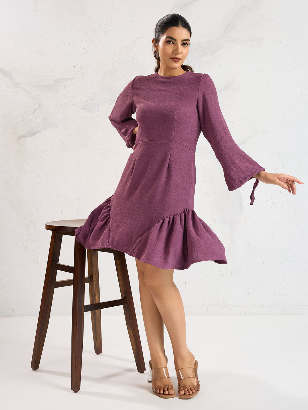 IQELA Round Neck Bell Sleeve A-Line Dress