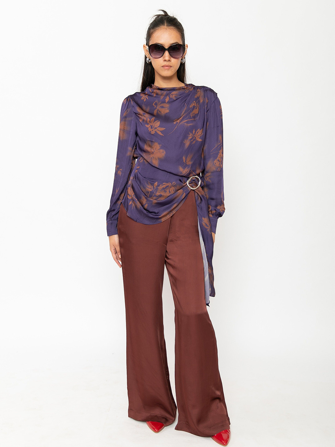 Contemponari Wild Flowers Printed Choker Neck Satin Top