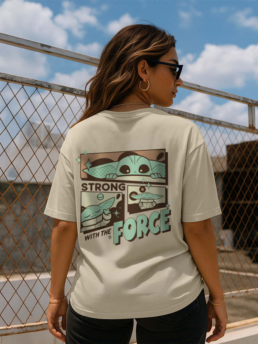 JUNEBERRY Women Star Wars Yoda Swan Printed Relaxed Fit Pure Cotton Oversized T-shirt