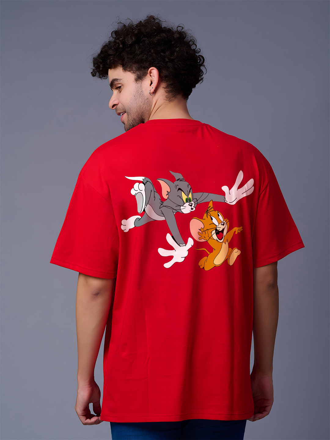 BDSQUARE Men Tom & Jerry Graphic Printed Round Neck Cotton Oversized T-shirt