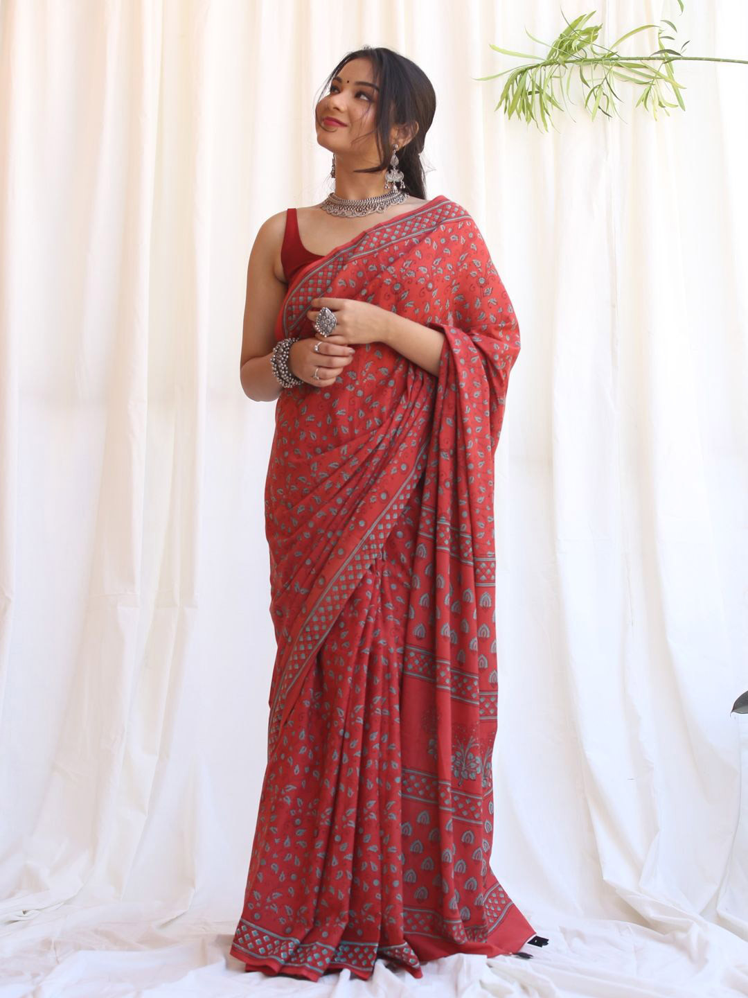 GRAY AND GREEN Yamini Madder Double Discharge Handblock Cotton Saree