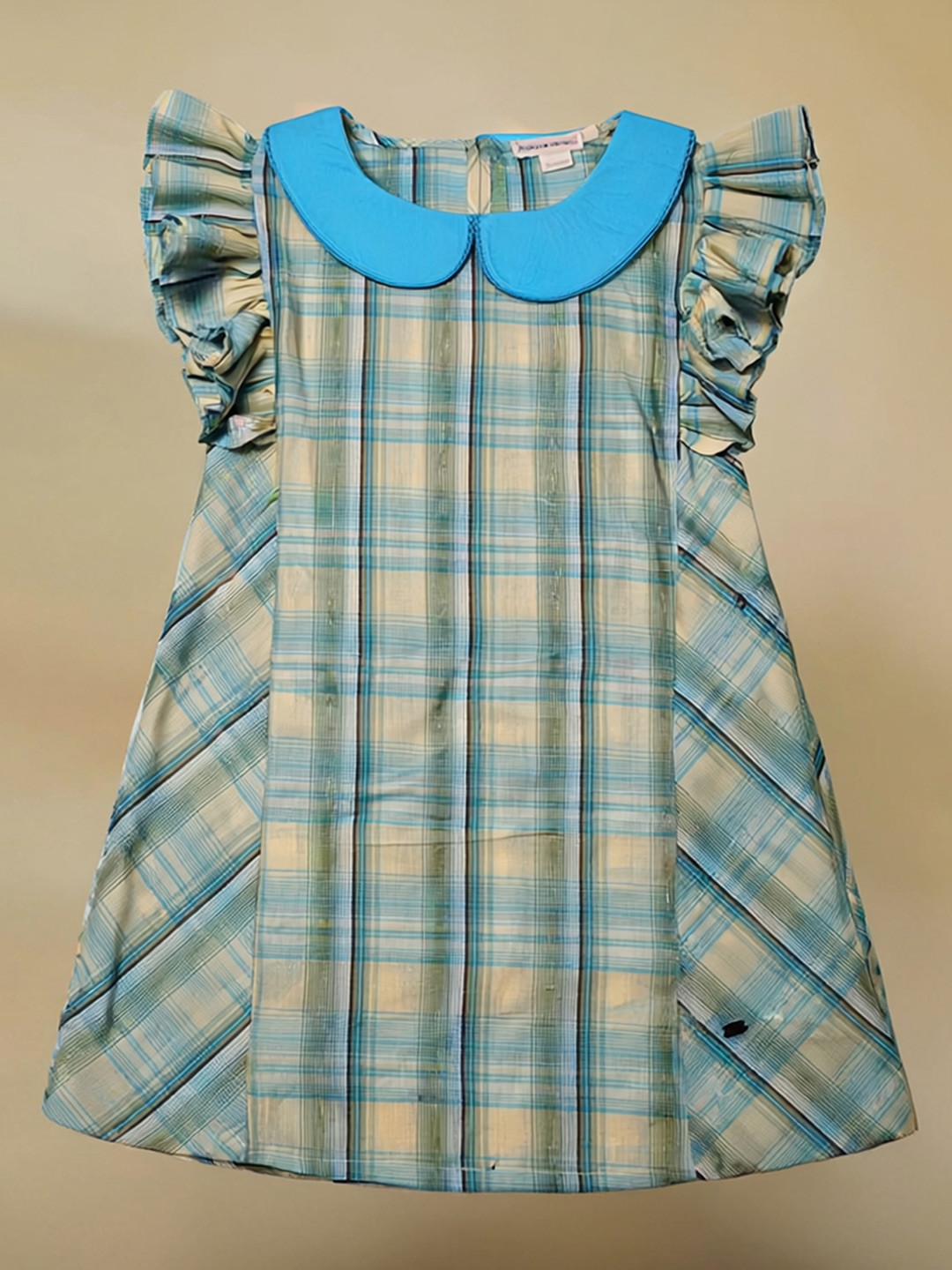 Purple United Kids Girls Blue Checked Peter Pan Collar Flutter Sleeve Linen A-Line Dress