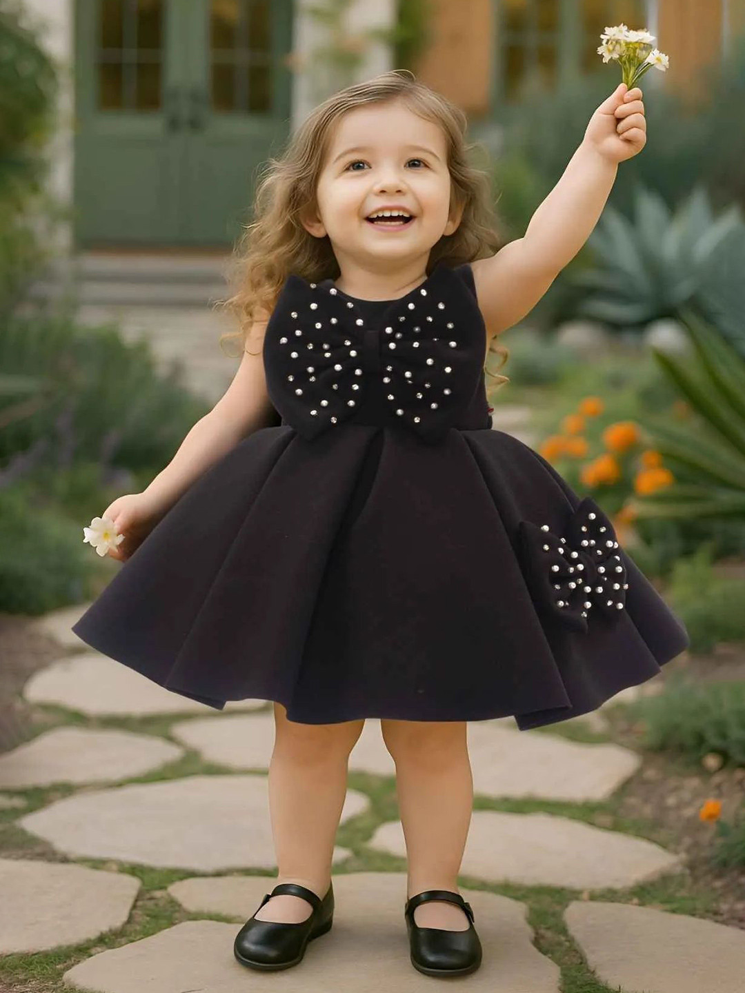 Lagorii Girls Pearl Studded Embellished Bows Fit & Flare Party Frock Dress