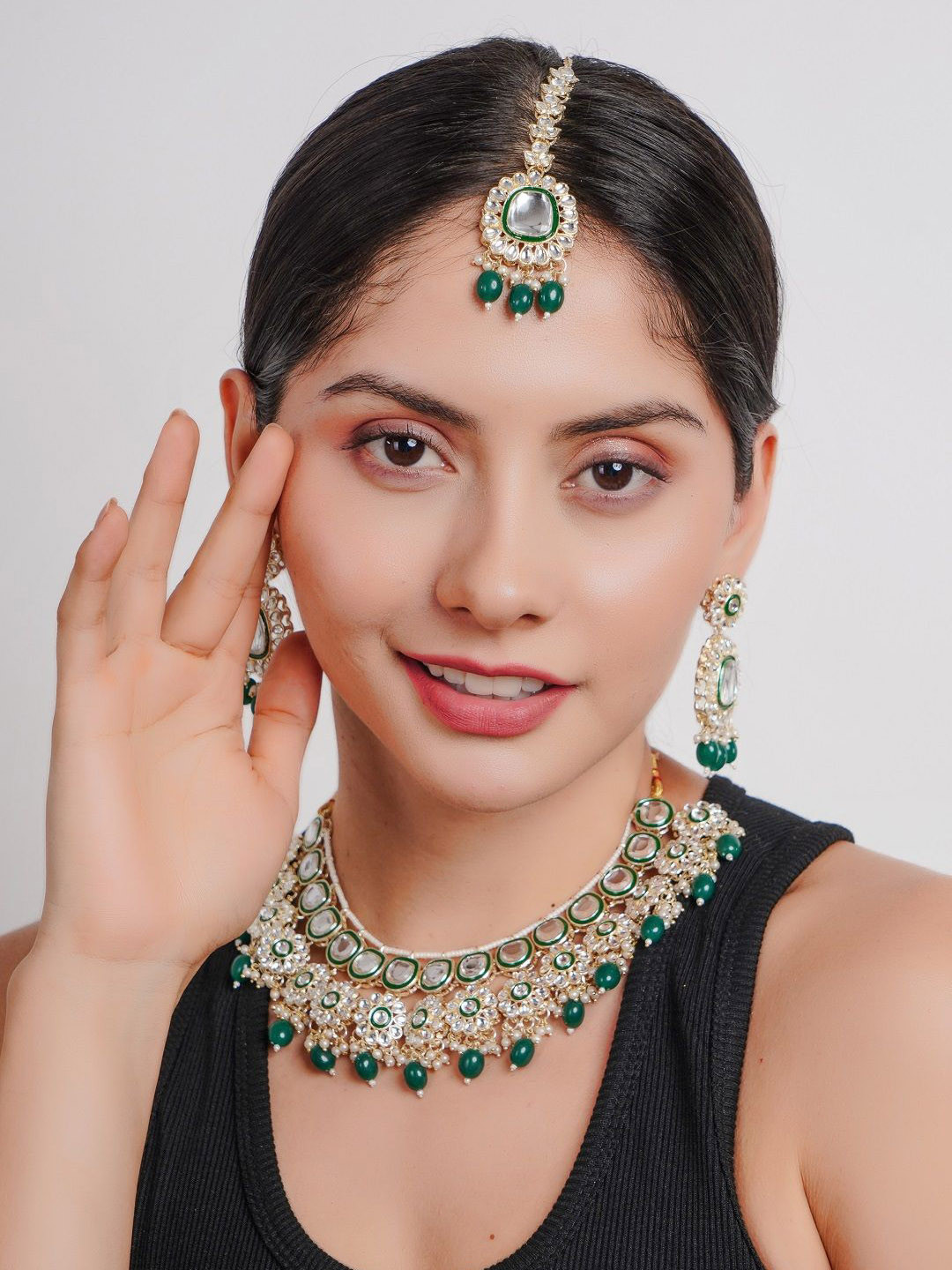 Divisha Gold-Plated Stone Studded & Beaded Meenakari Necklace & Earrings With Mangtika