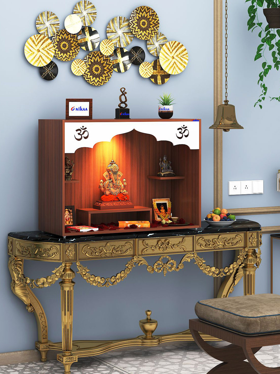 ANIKAA White & Brown Raya Pooja Mandir Laser Cut Om Design Home Temple