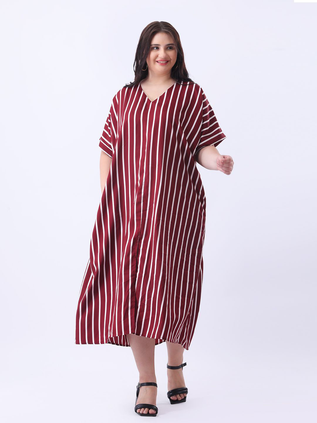 Qurvii Striped Shirt Cotton Loos Fit Midi Dress