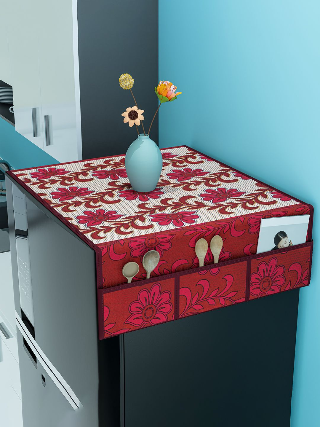 Kuber Industries White & Brown Flower Printed Waterproof Fridge Top Cover