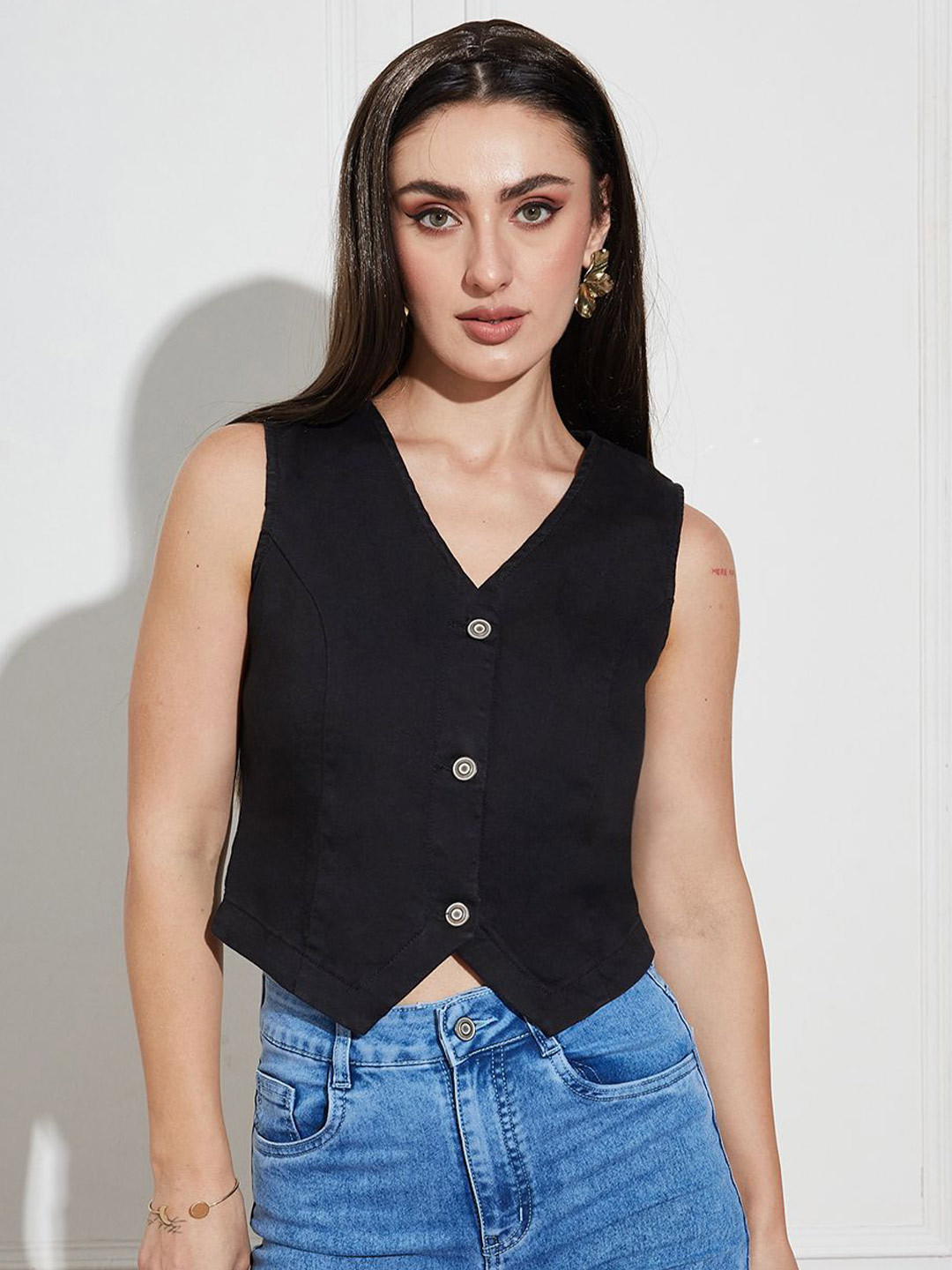 Miss Chase V-Neck Denim Crop Top