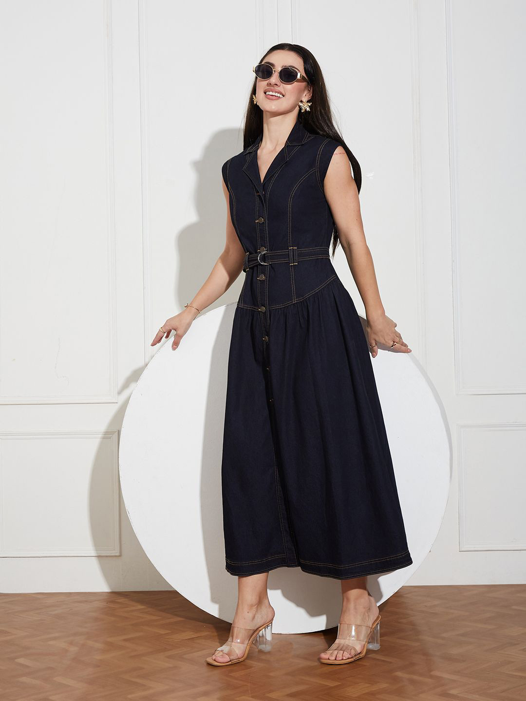 Miss Chase Notched-Collar Sleeveless Solid Drop Waist Maxi-Length Denim Shirt Dress