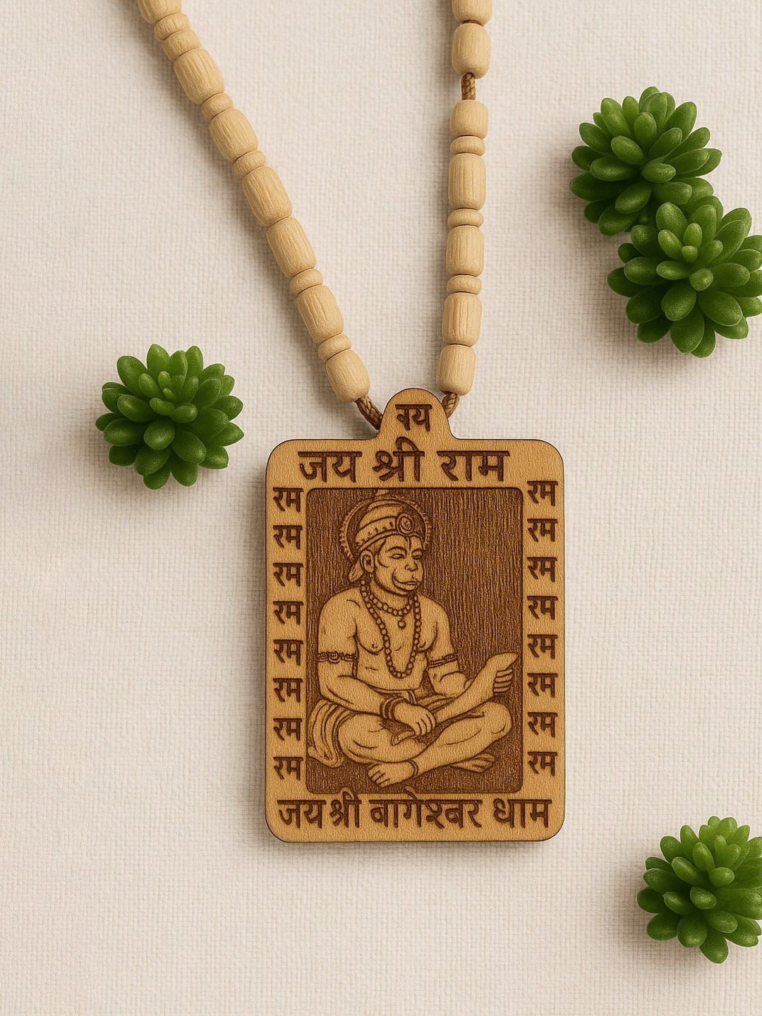 Kanha traders Men Spiritual Wooden Hanuman Ram Bageshwar Dham Necklace