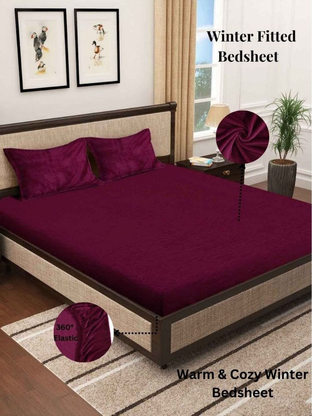 Aura Maroon Solid Woolen King Size Winter Fitted Bedsheet & 2 Pillow Covers 2.35 X 2.15 m