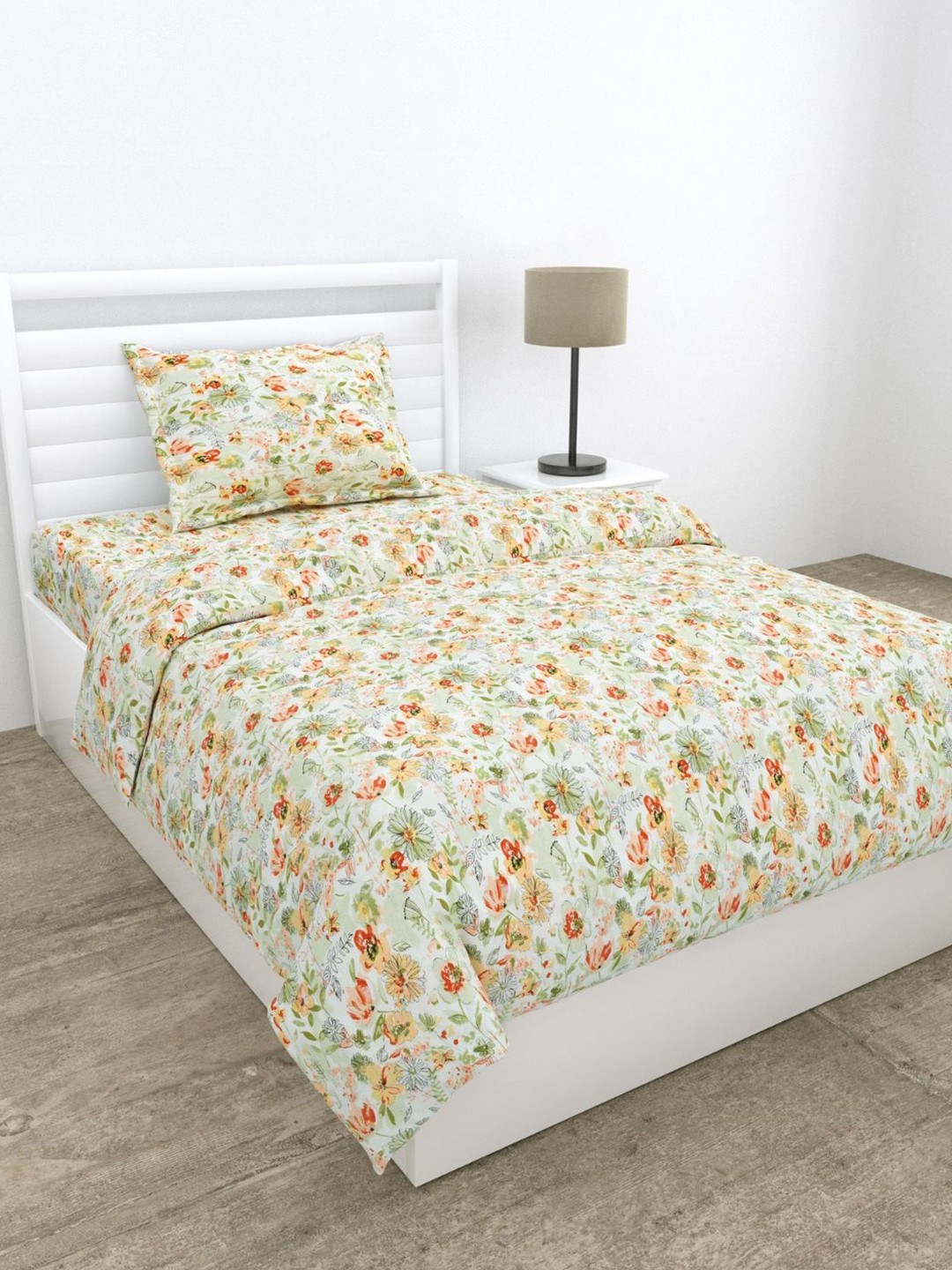 haus & kinder Petaline White Printed Pure Cotton 186 TC Single Bedsheet Set 1.53 x 2.55m