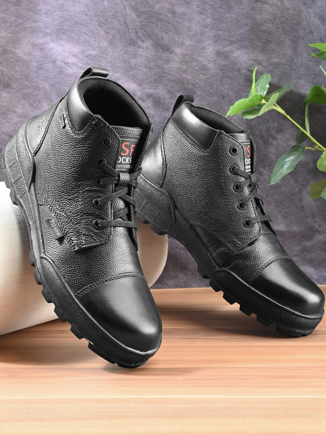 TSF Solid Round Toe Block leather Black boots