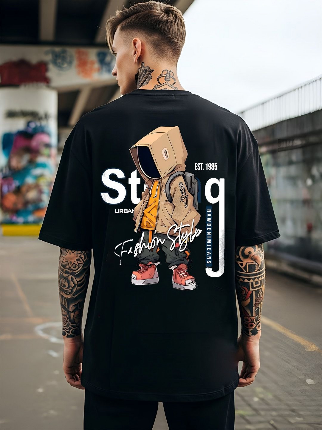 ANGERHOOD Graphic Bot Hip Hop Printed Drop-Shoulder Sleeves Oversized Cotton T-shirt