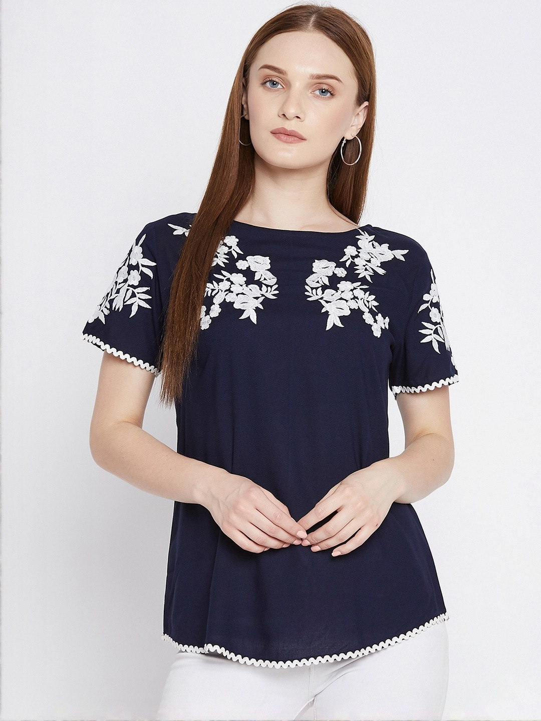 girlsify Women's Rayon Navy Blue  Floral Embroidery Top